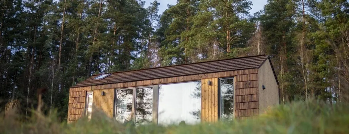 Eingeschossiges Wohnhaus mit dunkler Holzfassade und Satteldach am Waldrand