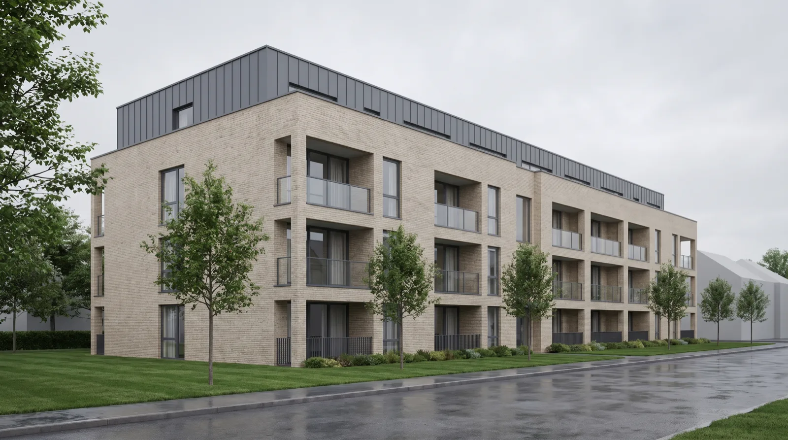 Dreigeschossiges Wohngebäude im geförderten Wohnungsbau mit hellem Klinker, Balkonen und junger Bepflanzung