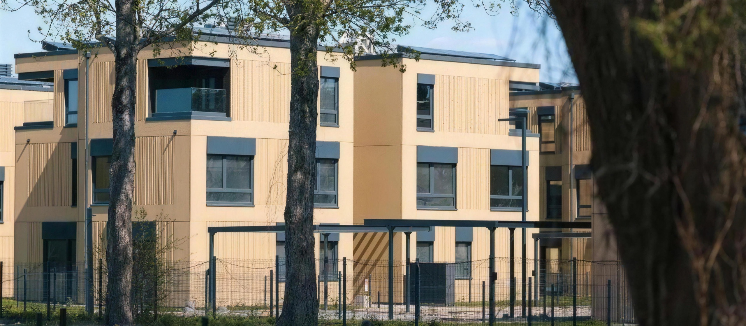 Wohnpark Wola — fertiggestellte Modulgebäude mit Holzfassade zwischen Bäumen